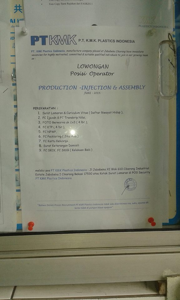 Lowongan Kerja 2015 PT. KMK Plastics Industri Indonesia