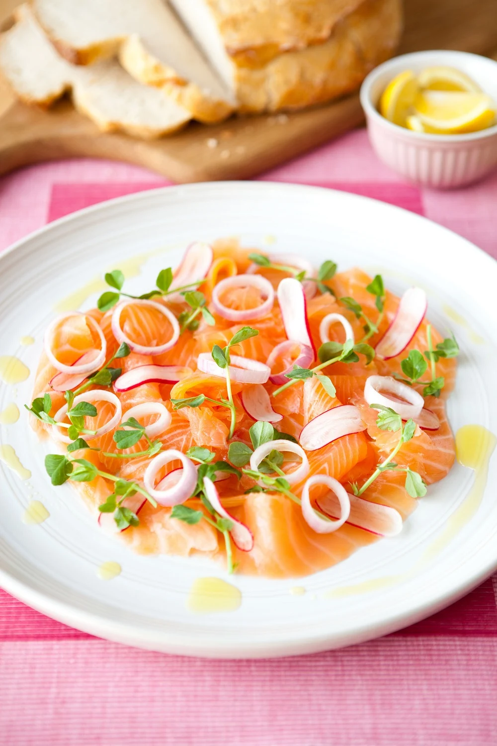 Organic Smoked Salmon With Sweet and Sour Shallots, Radishes And Lemon Scented Olive Oil