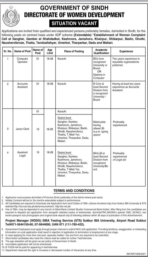 Women Development Directorate Government Of Sindh Jobs 2021 for Computer operator, Accounts Assistant Junior Clerk & more