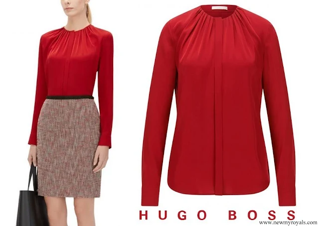 Queen Letizia wore Hugo Boss Banora red gathered neck silk blouse