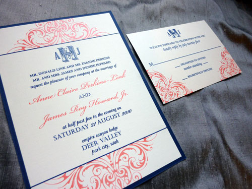 I recently worked with Annie on her coral navy wedding invitations