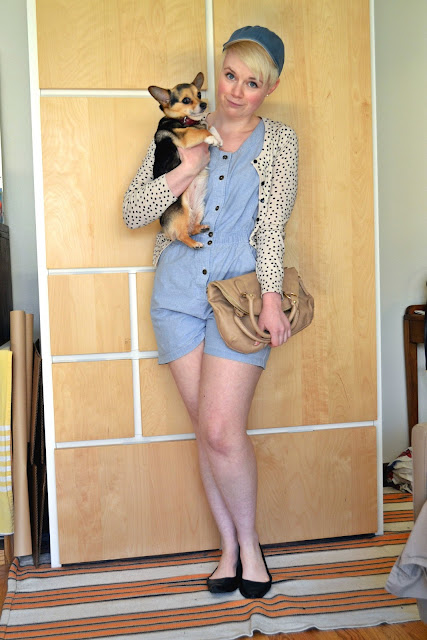 baseball cap, chambray, romper, vintage, polka dots, street style, how to, spring 2013, fleur d'elise, accessorize, mini corgi