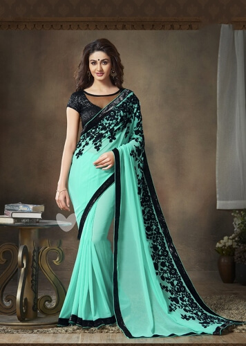 Sea Green Colored Georgette party Wear Saree