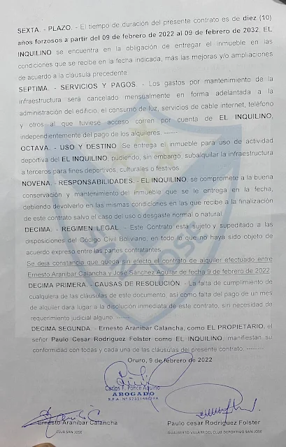 Contrato de Alquiler entre El Club San Jose y Gualberto Villarroel San Jose de Oruro