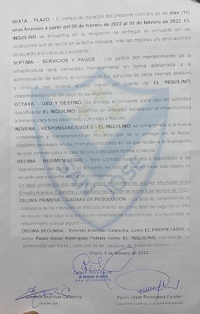 Contrato de Alquiler entre El Club San Jose y Gualberto Villarroel San Jose de Oruro