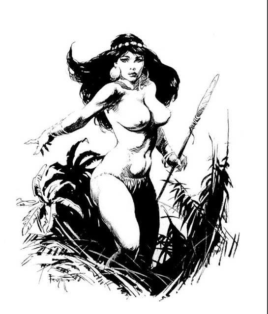 An ink sketch by fantasy artist Frank Frazetta featuring a woman with a spear