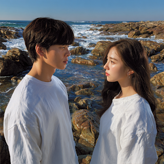 A tender moment of first hand-holding by the sea, expressing the fluttering emotion of seollem