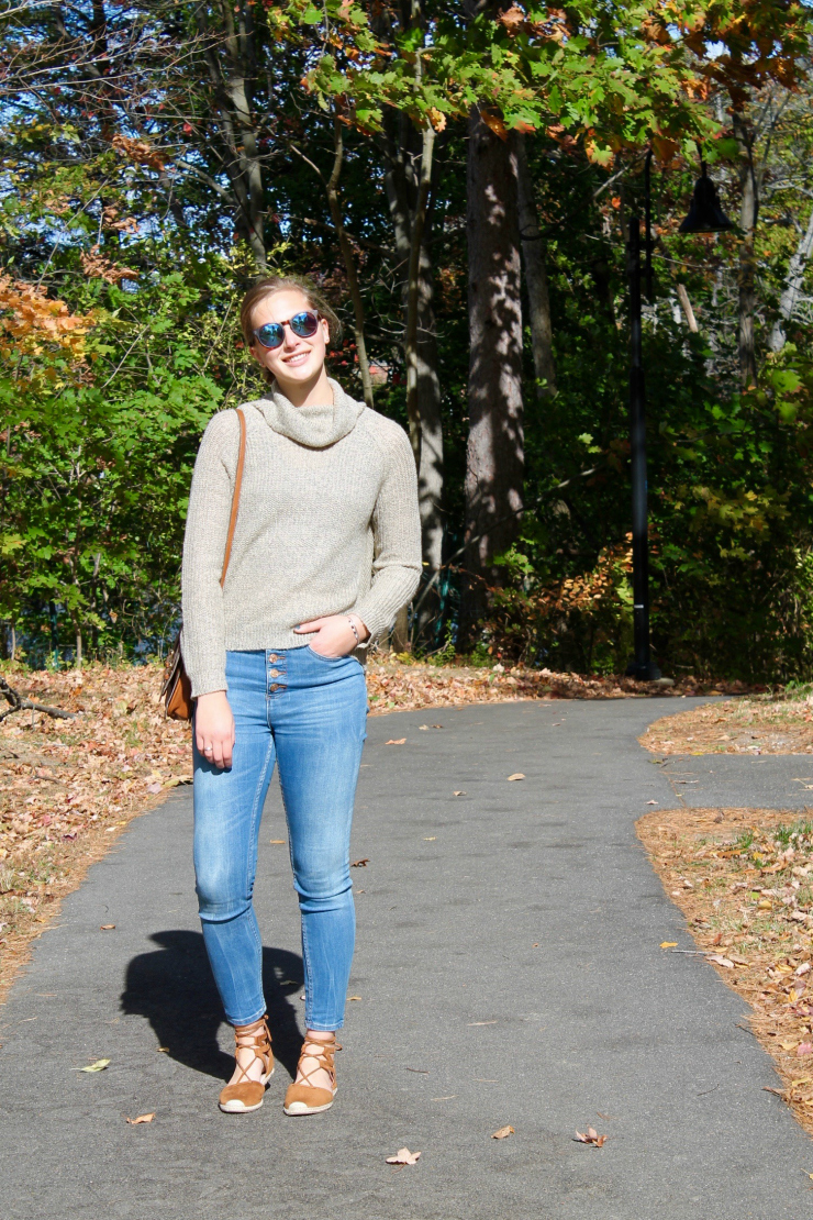 cross detail high low turtleneck sweater, ankle jeans and lace up espadrilles shoes