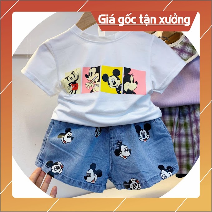 BÁN SỈ Sét quần sóc bò xanh áo phông trắng in mickey cho bé