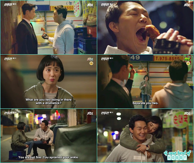 guard kim caught woon gwang with the drumstick in the alley, do ha tripped her foot and woon gwang give her a picky back ride - Man To Man: Episode 2 (Review) korean Drama
