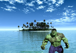 Desktop Wallpaper of The Incredible Hulk Fighting Monster in Paradise Island Landscape wallpaper