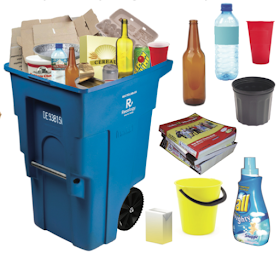 blue recycling bin full of stuff, with pictures next to it of acceptable items: glass bottles, plastic bottles, etc.