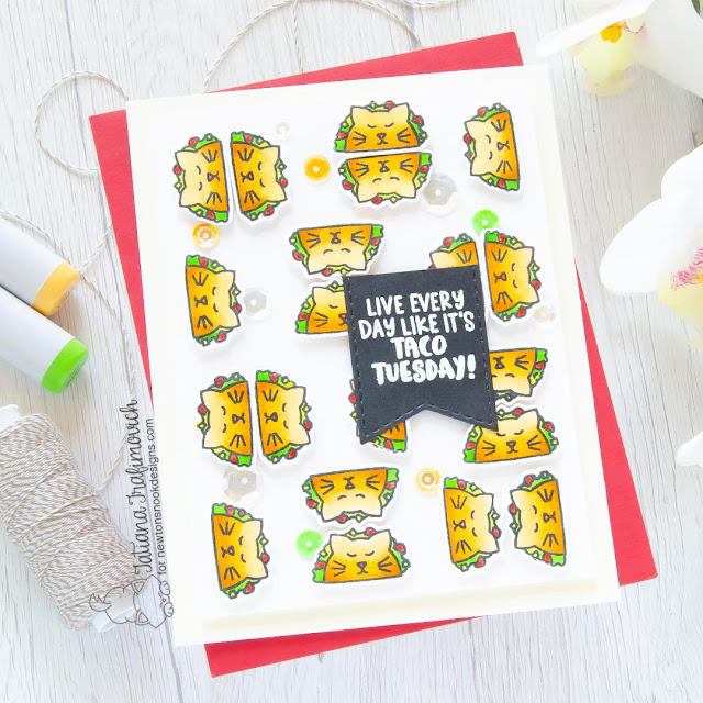 Taco Tuesday Cat Card by Tatiana Trafimovich | Newton Loves Tacos Stamp Set and Bookmark Die Set by Newton's Nook Designs #newtonsnook