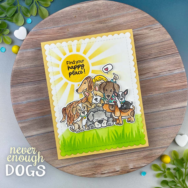 Pile of Dogs Happy Place Card by Jennifer Jackson | Never Enough Dogs Stamp Set, Sunscape Stencil, Hills & Grass Stencil and Framework Die Set by Newton's Nook Designs