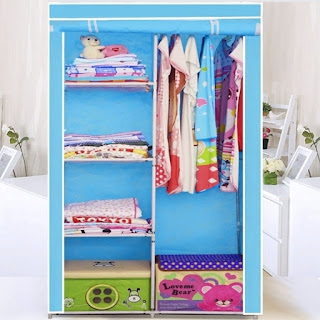 Lemari Pakaian Multifunction Wardrobe With Cover - (BIRU POLOS)