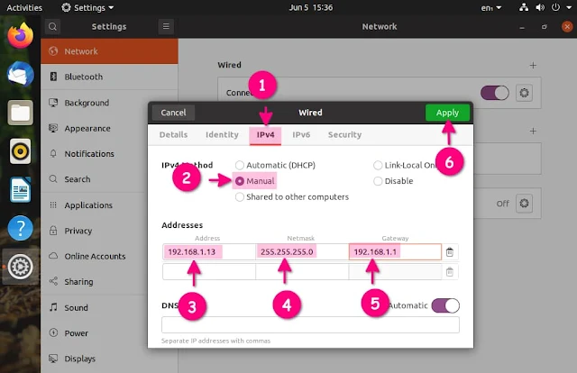 Choose IPV4 Tab and then select Manual and specify the IP details