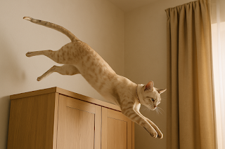 Cream-colored Bengal mix cat gracefully leaping from a wooden wardrobe in a cozy, sunlit room