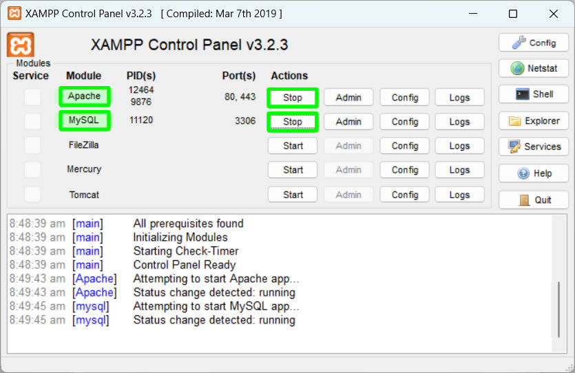 apache and mysql is now running in xampp control panel