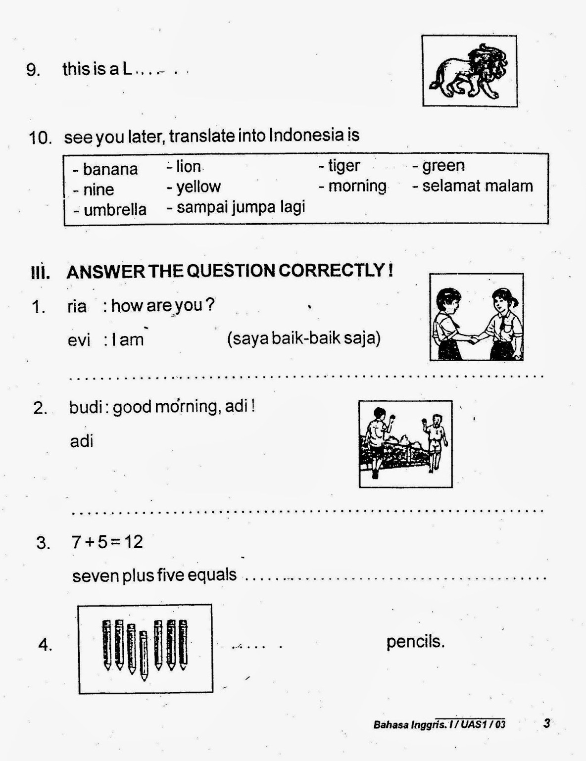 Soal UAS Bahasa Inggris Kelas 1 Semester 1/ Ganjil - Kumpulan Soal Test