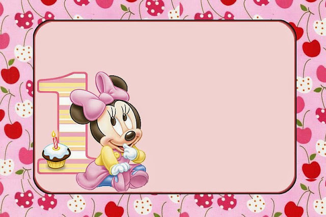Minnie First Year with Polka Dots: Free Printable Invitations, Labels or Cards.