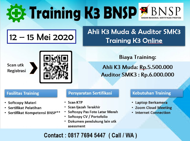 Training Online Ahli K3 & Auditor SMK3 BNSP tgl. 12-15 Mei 2020