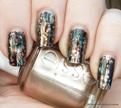 OPI Black Spotted over Essie Penny Talk and China Glaze For Audrey