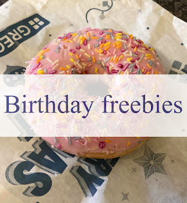 A pink iced doughnut with sprinkles on a paper bag, with "Birthday freebies" in blue text on a white bannner across the middle.