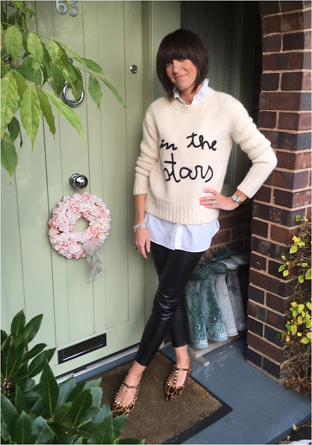 My Midlife Fashion, Zara Slogan Jumper, Pleater leggings, Leopard print studded shoes, oversized boyfriend Shirt