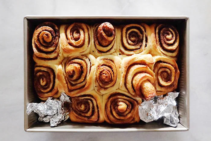 baked cinnamon rolls in pan