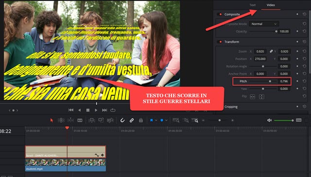 cambiare prospettiva del testo in davinci resolve