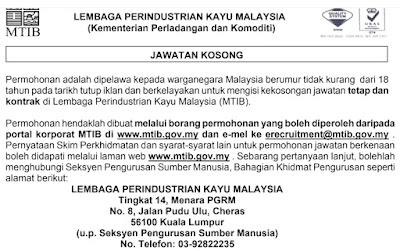 Jawatan Kosong Terkini Lembaga Perindustrian Kayu Malaysia (MTIB) 
