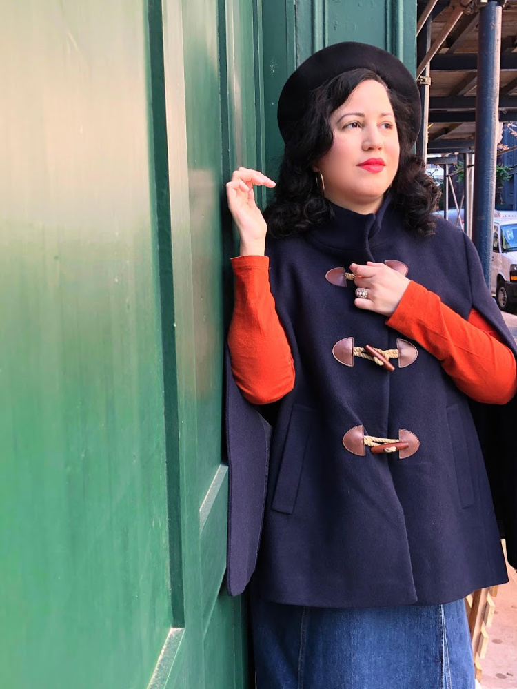 A Vintage Nerd, Vintage Blog, Vintage Blogger, Vintage Fashion, Vintage Inspired Fashion, 1960s Style, Everyday Vintage Fashion, Jean Dress, Beret Looks, Disabled Fashion, Plus Size Fashion, Retro Capes, Nautical Cape, Vintage Cape, Vintage Fall Fashion