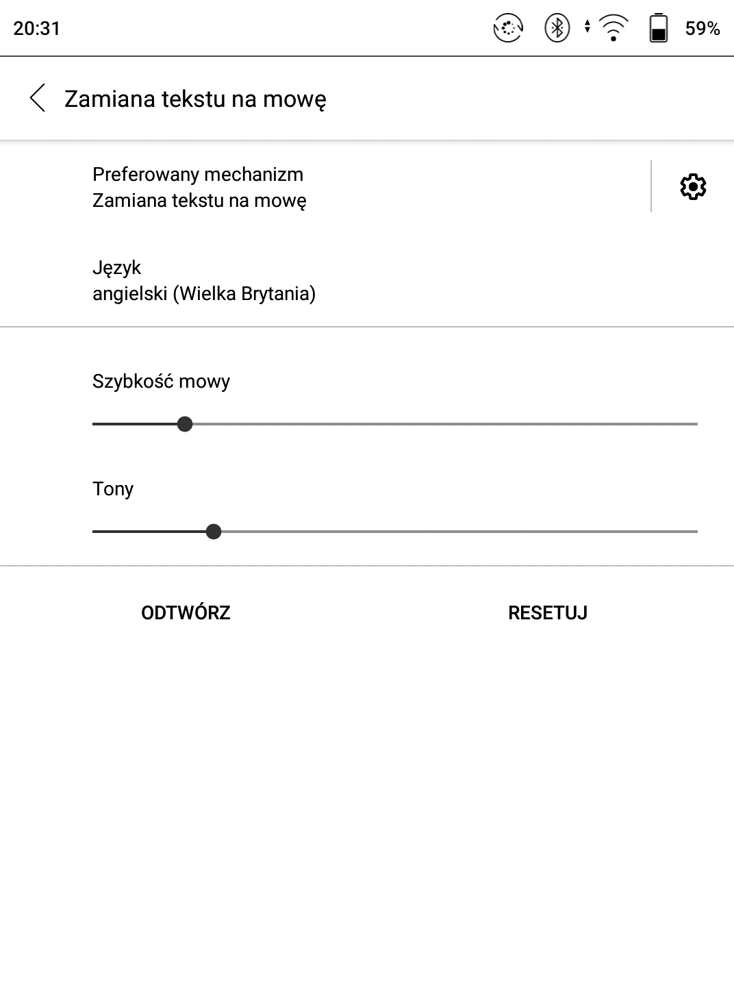 Czytnik e-booków Onyx Boox Poke 3 – ustawienia funkcji TTS (text to speech)