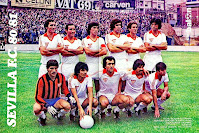 SEVILLA F. C. Temporada 1980-81. Montero, Sanjosé, Blanco, Rivas, Juan Carlos y Álvarez; Buyo, López, Morete, Yiyi y Choya. R. C. D. ESPAÑOL DE BARCELONA 2 SEVILLA F. C. 2. 02/11/1980. Liga de 1ª División, jornada 9. Barcelona, estadio de Sarriá. GOLES: 1-0: 24’, Urbano. 1-1: 30’, Sanjosé. 1-2: 57’, Montero. 2-2: 76’, Roberto Martínez.