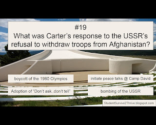 What was Carter’s response to the USSR’s refusal to withdraw troops from Afghanistan? Answer choices include: boycott of the 1980 Olympics, initiate peace talks @ Camp David, adoption of "Don't ask, don't tell," bombing of the USSR