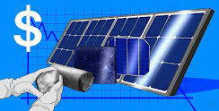 The image shows a man wearing protective gloves holding a piece of metal near a solar panel.