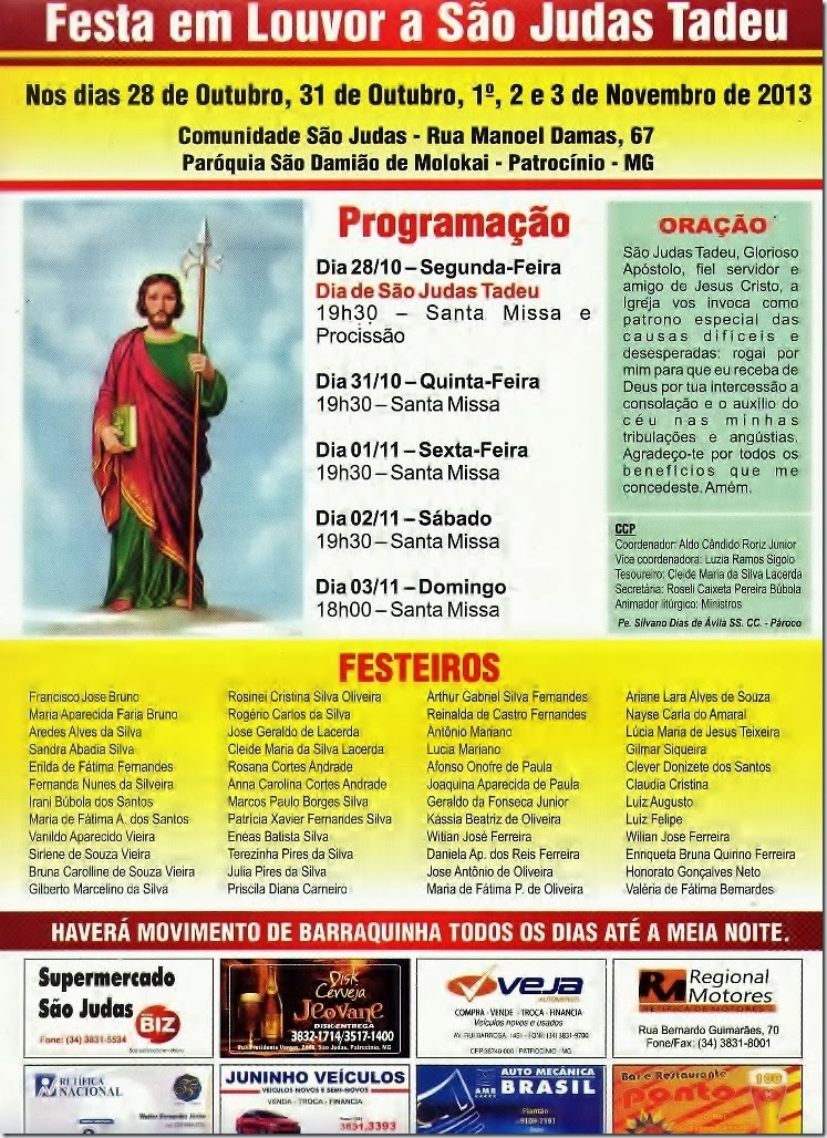 Festa de São Judas Tadeu - 2013 - Patrocínio MG - Witian - Programação - Cartaz