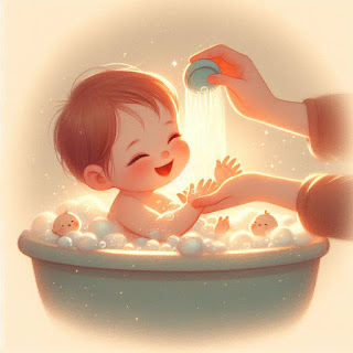 A happy baby enjoying a warm bath, feeling relaxed and calm.