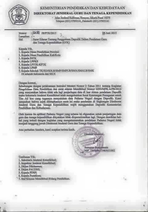 Surat Edaran Penggunaan Dapodik dalam Pendataan GTK Penutupan Portal Padamu Negeri