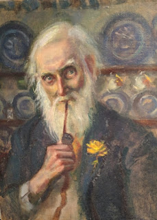 Old Bearded Man Smoking a Pipe with a Buttonhole Portrait