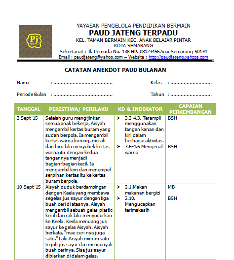 Download Contoh Format Catatan Anekdot Anak PAUD K13 