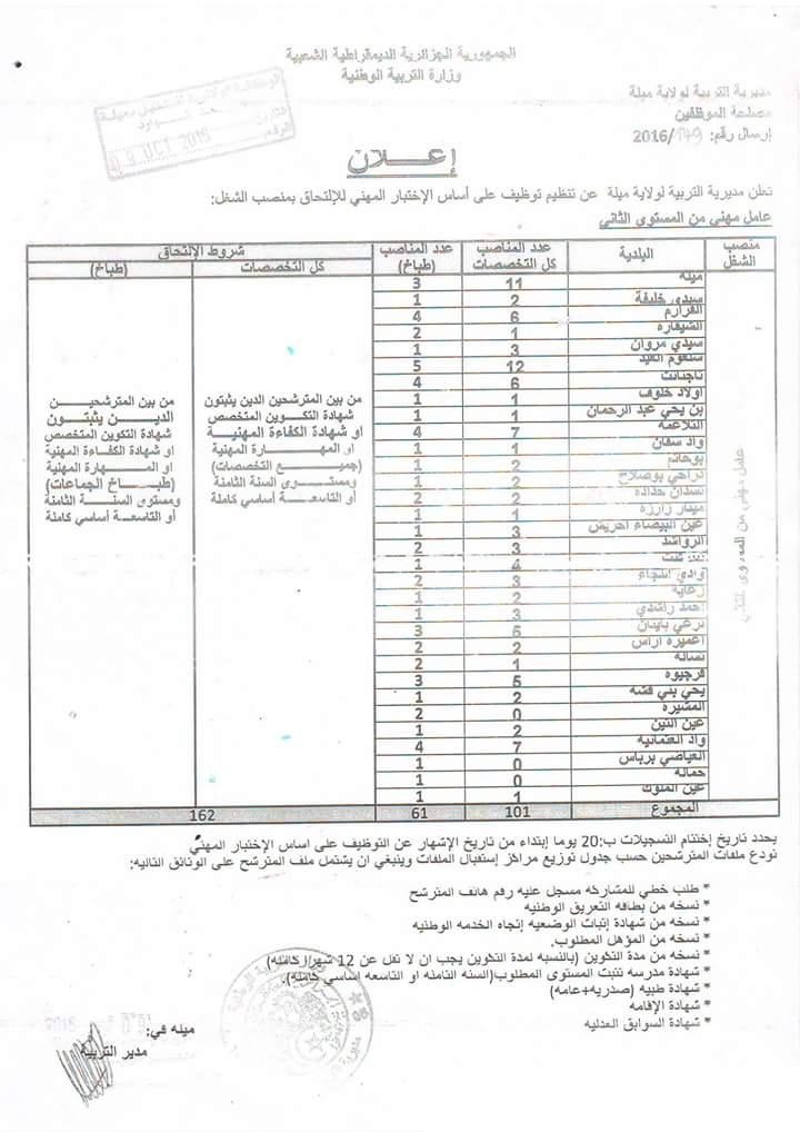 إعلان توظيف في مديرية التربية لولاية ميلة 