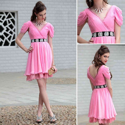 Hot Pink V-Neck Knee Length Dress with Cap Sleeve