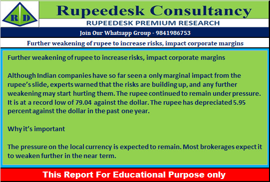 Further weakening of rupee to increase risks, impact corporate margins - Rupeedesk Reports - 04.07.2022