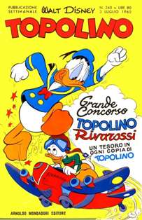 Topolino 240 - 3 Luglio 1960 | ISSN 1120-611X | CBR 215 dpi | Settimanale | Fumetti | Universo Disney
Numero volumi : IN CORSO
Topolino apparve in Italia il 30 marzo 1930, quando sul n.13 del settimanale torinese Illustrazione del Popolo, diretto da Lorenzo Gigli, fu pubblicata la prima striscia disegnata da Ub Iwerks e intitolata Le avventure di Topolino nella giungla. Due anni dopo si ha il primo libro illustrato italiano con le sue immagini: Sua Altezza Reale il Principe Codarello e, poco più tardi, il 31 dicembre 1932, esce il primo numero di Topolino in formato giornale, edito da Nerbini.
Sulla falsariga del celebre Corriere dei Piccoli, anche Topolino si presentava ai lettori con periodicità settimanale e si apriva con una breve storia in cui le didascalie sono scritte in rima e realizzata da Giove Toppi, che divenne quindi il primo autore Disney italiano. Sul settimanale della Nerbini, comunque, trovano spazio soprattutto le strisce e le tavole realizzate da Floyd Gottfredson. In queste storie vengono anche introdotte delle didascalie in rima, scritte dal primo direttore della rivista, Paolo Lorenzini (detto Collodi Nipote in quanto nipote di Carlo Collodi), e viene anche assegnato il nome definitivo alla spalla di Topolino, ovvero quel Pippo un po' lunatico e un po' svampito che sui libri della Salani veniva ancora chiamato Medoro.
Nerbini non si era assicurato correttamente i diritti di pubblicazione: quando aveva varato la sua rivista, infatti, si era rivolto al Consorzio Cinematografico E.I.A., il distributore dei cortometraggi di Topolino, quando in realtà i diritti per le riviste erano stati dati in mano al giornalista Guglielmo Emanuel dallo stesso Disney. Per cui, per un paio di numeri, la testata passò da Topolino a Topo Lino, per poi riprendere la nota testata con il n.7. Il Topolino Giornale era formato da otto pagine e non conteneva solo storie a fumetti Disney ma anche storie non-Disney che anzi erano di solito la maggioranza delle storie presenti in un numero.
Il numero 137 del Topolino Giornale, dell'11 agosto 1935, segna il passaggio di consegne da Nerbini alla Mondadori. Il fascismo, tuttavia, causò dei problemi al giornale. Dal 1938, il Min.Cul.Pop. (Ministero della Cultura Popolare) impone alla stampa di non editare più i protagonisti del fumetto popolare americano. Il solo Topolino è risparmiato, e così il suo logo e il suo personaggio possono continuare ad esistere nelle edicole italiane, ma in piena seconda guerra mondiale, a partire dal n.476 del 27 gennaio 1942, anche il settimanale è costretto a cedere alle restrizioni. Lo sostituisce Tuffolino, un ragazzetto dalle medesime caratteristiche fisiche, disegnato dal grande illustratore Pierlorenzo De Vita. Con la fine del fascismo, le avventure di Topolino poterono di nuovo essere pubblicate.
Alla fine degli anni quaranta, però, i giornali a fumetti che pubblicavano storie a puntate di non più di due tavole ad episodio erano irrimediabilmente in crisi, e così lo stesso Topolino, le cui vendite erano di gran lunga calate rispetto al periodo d'oro. Mondadori, però, non poteva rinunciare alla rivista da edicola per non perdere i ricchi diritti delle pubblicazioni da libreria, così decise un doloroso ma necessario cambio di formato e periodicità. Nel 1949 nasce così il periodico a fumetti Topolino formato libretto, all'inizio con cadenza mensile, quindi quindicinale e, infine, settimanale, fino a giungere a oggi al suo sessantesimo anniversario e con oltre 3000 numeri usciti, ricchi di storie tra le più famose, con autori da Carl Barks a Romano Scarpa, da Floyd Gottfredson a Giovan Battista Carpi e così via.