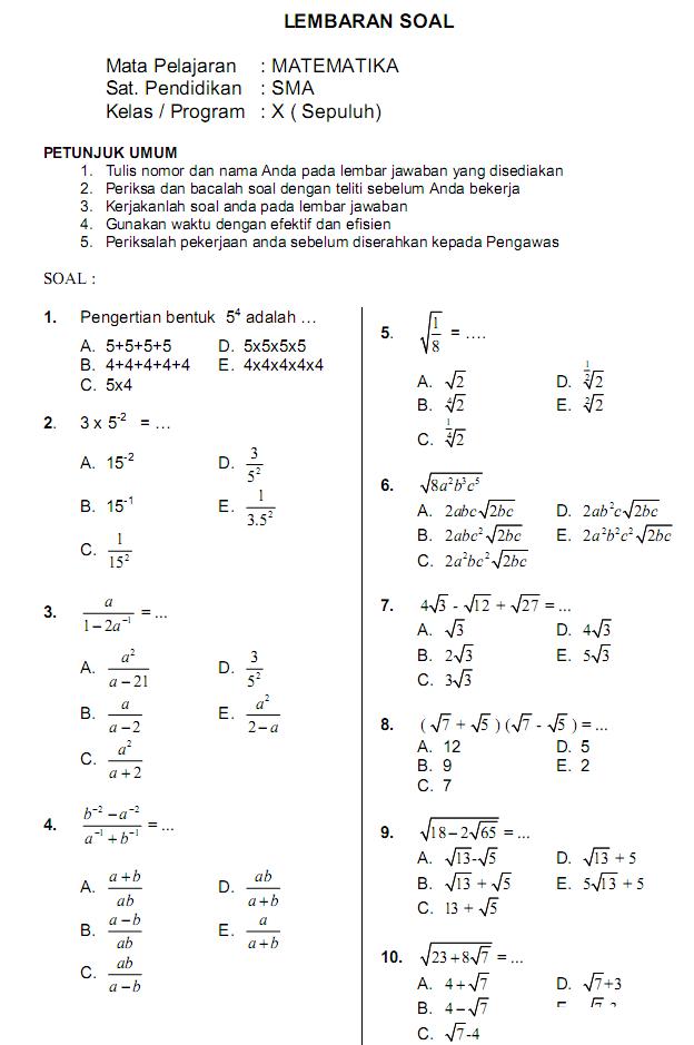 Matematika Di Sma Soal Matematika X Bab I Semester 1 Pangkat Akar