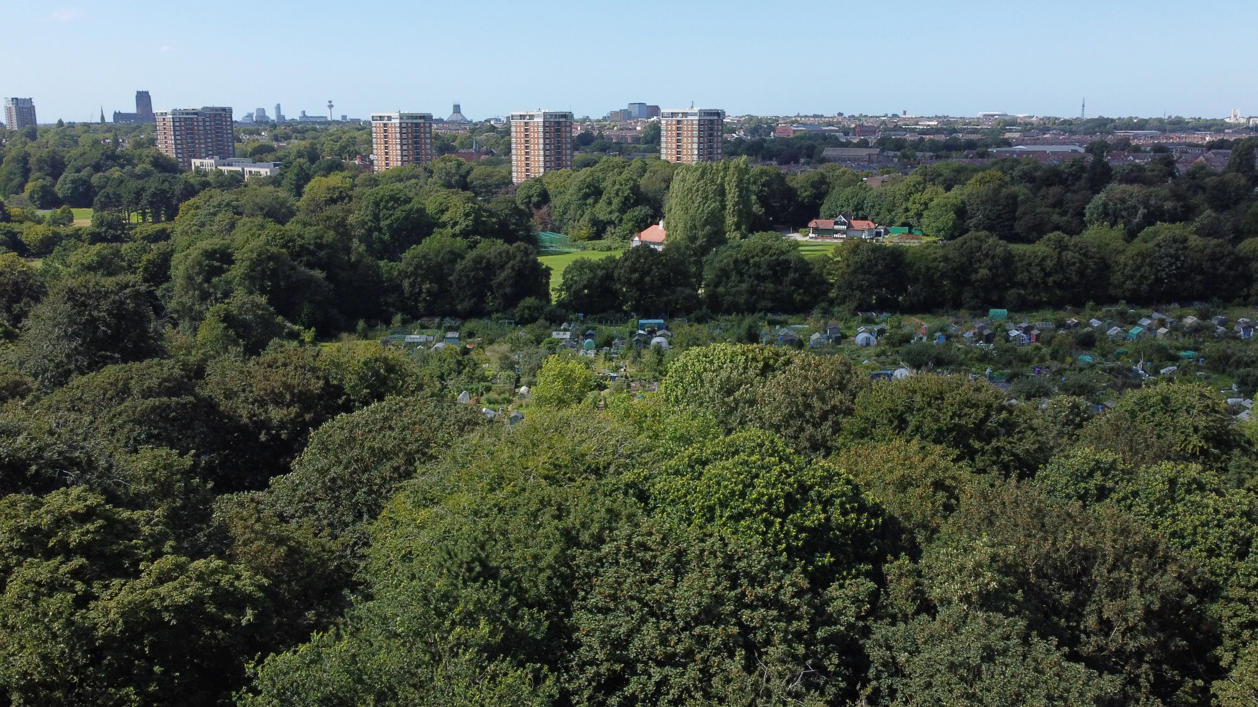 Aerial photos of Liverpool skyline taken from Sefton Park