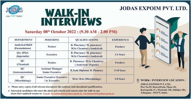 Jodas Expoim | Walk-in interview at Hyderabad for Freshers and Experienced on 8th October 2022