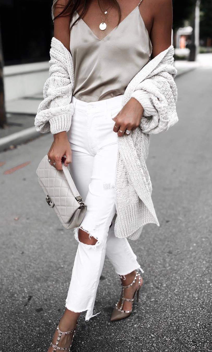 beautiful fall outfit_white knit cardigan + silk v-neck top + bag + ripped jeans + heels