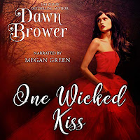 One Wicked Kiss audiobook cover. A brunette woman with long hair, wearing a scarlet off-the-shoulder dress looks back over her shoulder and towards the dark forest she is running from.